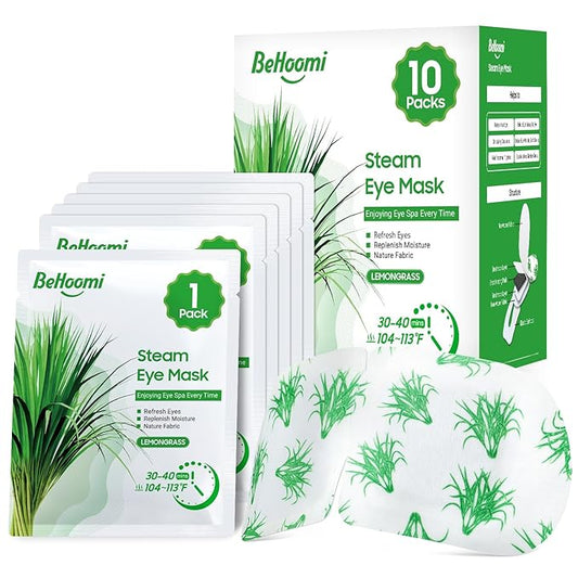 BeHoomi Steam Eye Mask, 10 Packs Heated Eye Mask, Self Heating Disposable SPA Warm Compress for Eyes Sleep Mask, Travel Essentials & Relaxation Gifts, Stocking Stuffers (Lemongrass Scent)