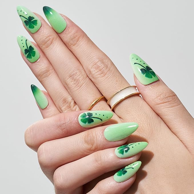 GLAMERMAID Press on Nails Medium Almond, Spring Summer Green Four-Leaf Clover Gel Glue on Nail, 24Pcs Glossy Short Stiletto Reusable UV Finish Fake Nails Acrylic False Nails Manicure Kits for Women