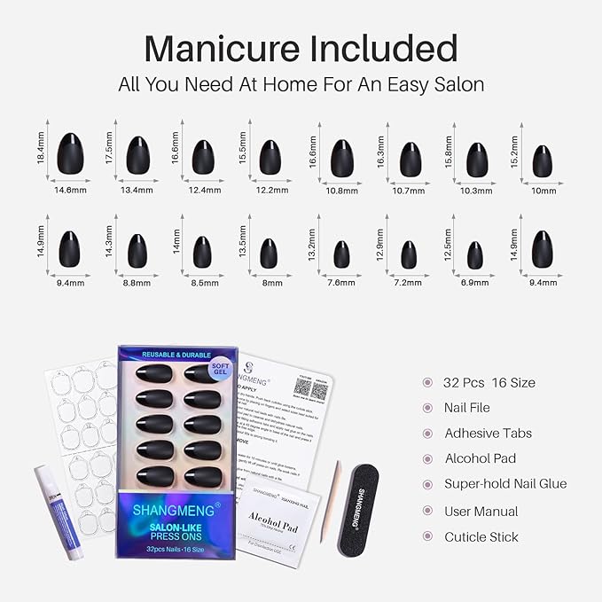 SHANGMENG Soft Gel Black Press on Nails Almond - Short Nails with Glossy French Tips in a Matte Finish, Stick on Nails with Glue in 16 Sizes - 32 Reusable Fake Nails for Women, Matte Black