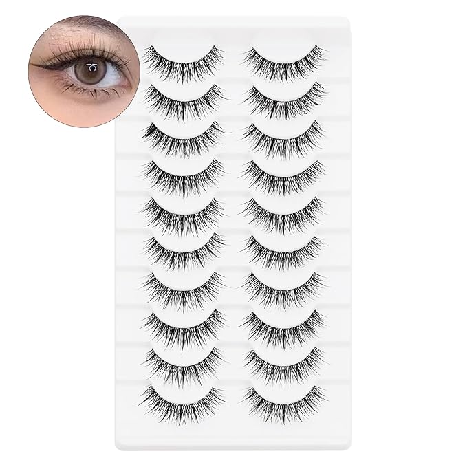 outopen 10 Pairs Manga Lashes Natural Look Clear Band Lashes Japanese Anime Eyelashes Asian Style False Eyelashes Wispy Thin Band False Lashes Korean Makeup Fake Eyelashes Fairy Lash Clusters