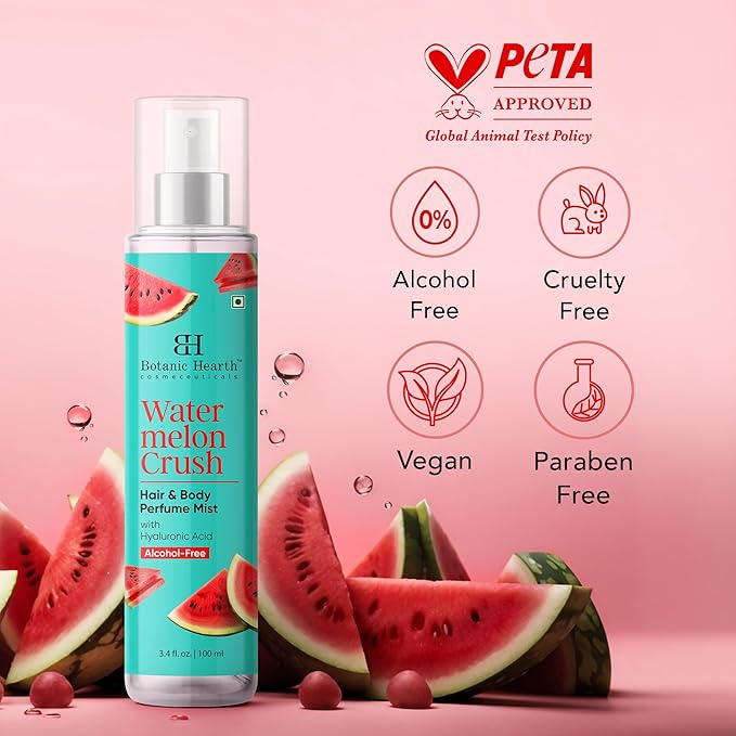 Botanic Hearth Watermelon Hair Perfume & Body Perfume Mist with Hyaluronic Acid, Alcohol-Free, Refreshing & Hydrating Body Spray, Long Lasting Fruity Fragrance, 100 ml / 3.4 fl oz