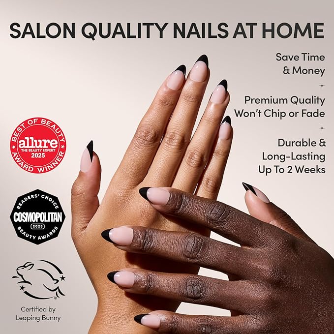 Glamnetic Press On Nails - Caviar | Semi-Transparent, Short Almond Nails, Salon Quality | 15 Sizes - 30 Nail Kit with Glue
