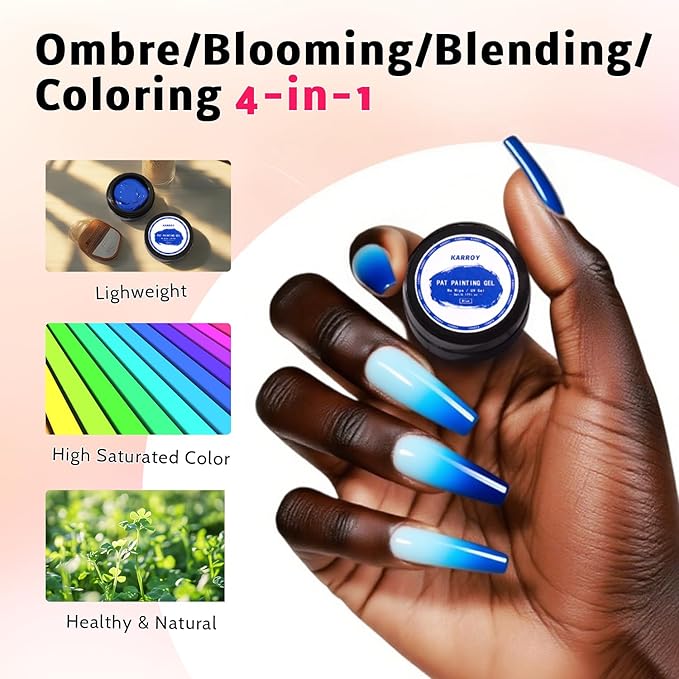 Karroy Sponge Pat Paint Nail Gel, Blending Colors Ombre Nails Gradient Gel Nail Blush Blooming Aura Nails Drawing Stripper Floral Painting Nail Art, No Wipe, UV/LED Curing 5ml 1PC (Blue)
