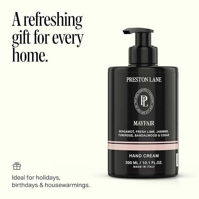 Preston Lane Luxury Hand Cream, Mayfair Scent, Made in Italy | Hydrating Formula with Tea Tree, Lavender & Lemon Essential Oils, Hyaluronic Acid, Vitamins C & E, and Kiwi & Apple Water