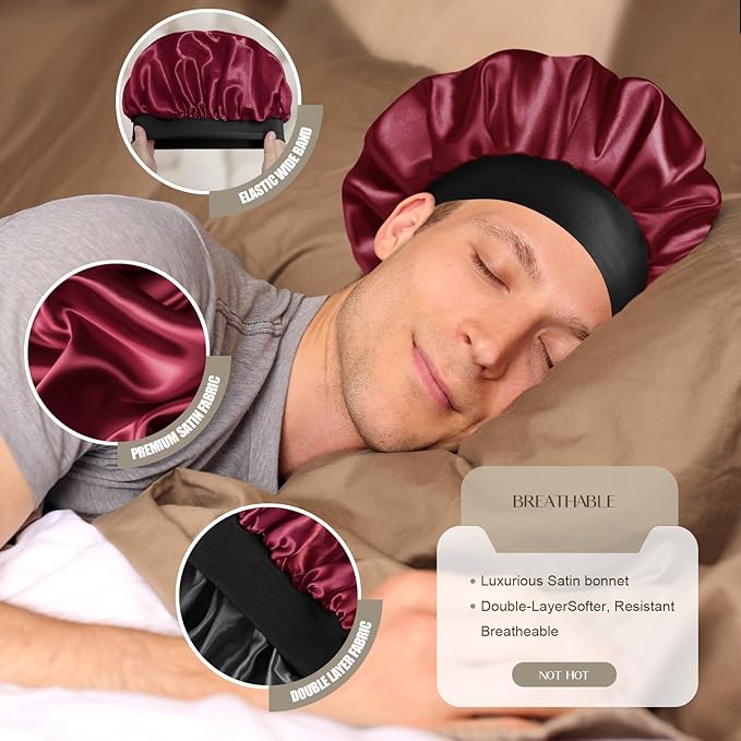 Satin Silk Bonnet for Men & Women, Double Layer Silk Sleep Bonnets, Soft Satin Lined Bonnet for Curly & Natural Hair