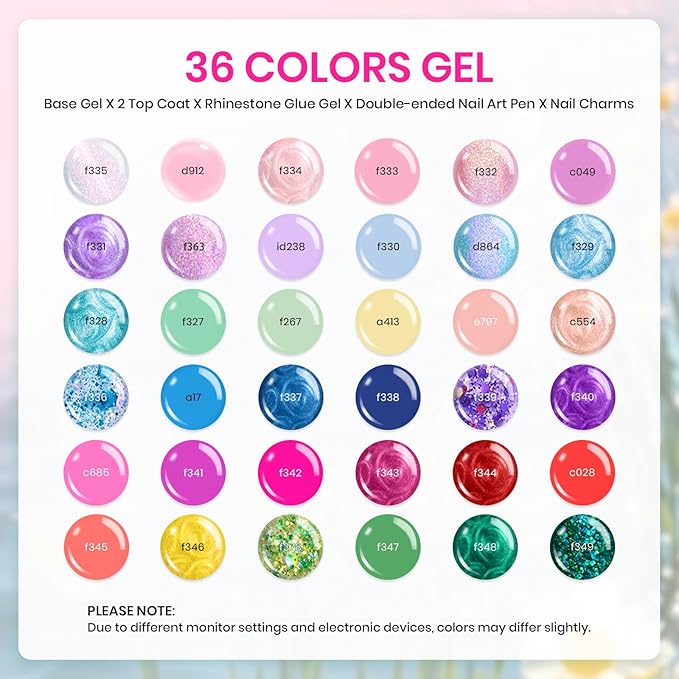 Beetles 36 Colors Gel Nail Polish Set, 42pcs UV Gel Nail Polish Colors Blue Pink Purple Orange Polish Shimmer Glitter Woodland Fairy Collection with Nail Art Rhinestone Gifts for Women Girls