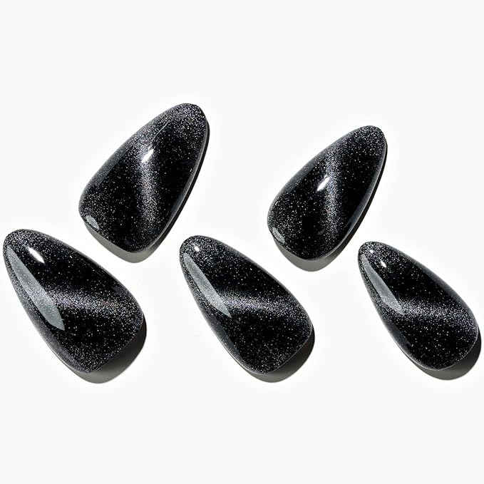 GLAMERMAID Black Cat Eye Press on Nails Medium Almond, Handmade Jelly Magnet Gel Fake Nail, Gloss Glitter Magnetic Glue on Nail Short Oval, Reusable Acrylic Stiletto Stick on False Nail Kit for Women