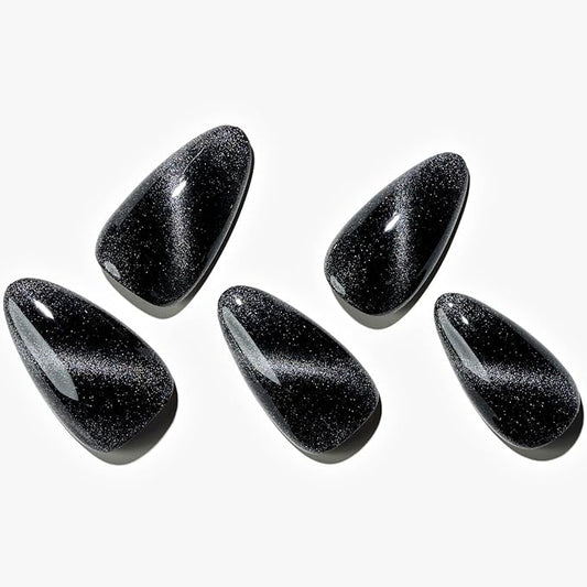 GLAMERMAID Black Cat Eye Press on Nails Medium Almond, Handmade Jelly Magnet Gel Fake Nail, Gloss Glitter Magnetic Glue on Nail Short Oval, Reusable Acrylic Stiletto Stick on False Nail Kit for Women