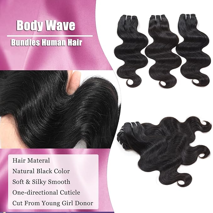 Human Hair Bundles 14 Inch 1Bundles 12A Body Wave Bundles Human Hair 100% Unprocessed Brazilian Virgin Hair Weave Single Human Hair Bundles Natural Black Color (14 Inch)