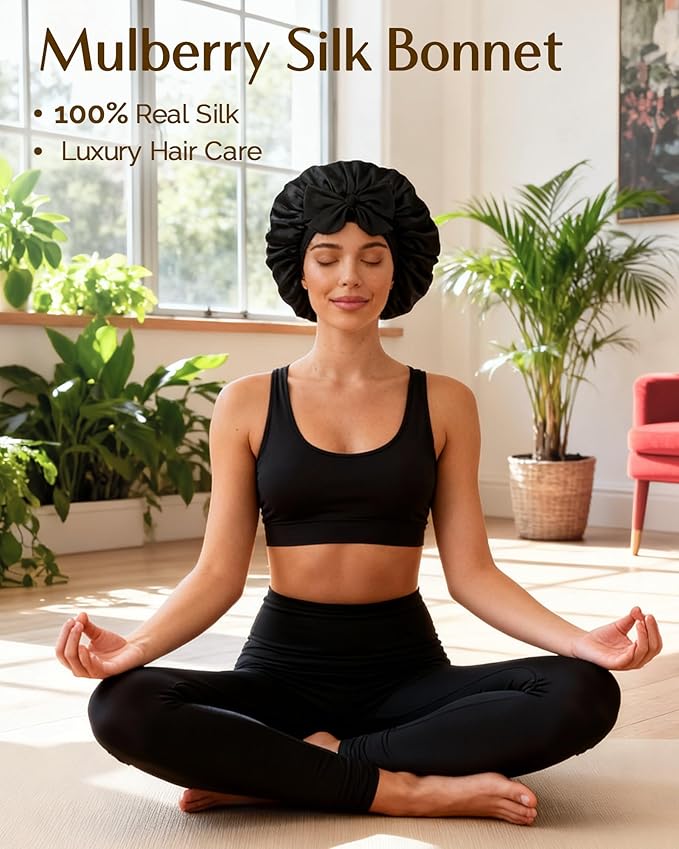 YANIBEST 22 Momme 100% Mulberry Silk Bonnet for Sleeping Women Double Layer Sleep Bonnet with Tie Band, Sleep Cap
