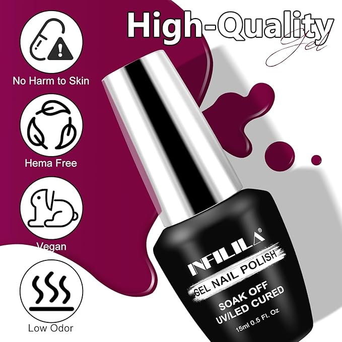 NXJ INFILILA Burgundy Gel Polish, Hema Free Cherry Red Gel Nail Polish, One-Stroke Coloring Deep Color High Gloss Soak Off UV Manicure Salon DIY for Girls SQ183