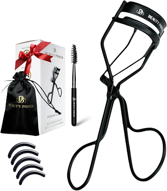 Beauty Power Eyelash Curler – Precision Lash Lift in Seconds with 5 Replacement Pads, Eyebrow Brush & Satin Travel Bag – Gentle & Safe, German Stainless Steel for Perfect Curls - Gift (Natural Curl)
