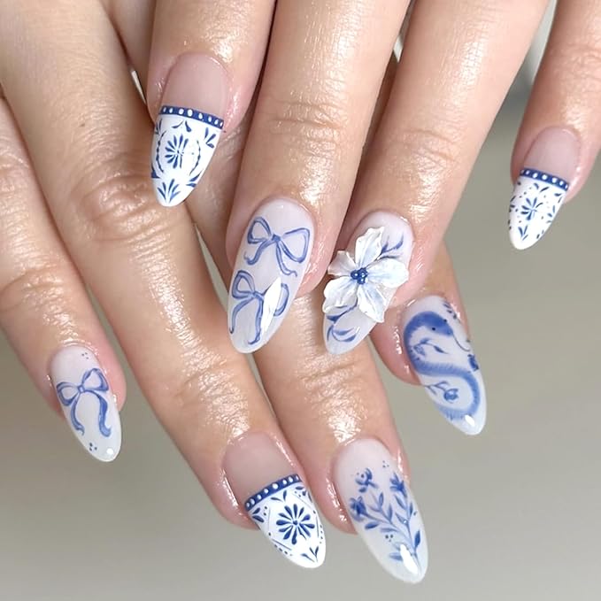 24Pcs Bohemian Style Press on Nails Almond Fake Nails Blue White French Manicure with Bow, Flower,Design Medium Snake Print False Nails Full Cover Artificial Nails Stick on Nail for Women DIY Manicure