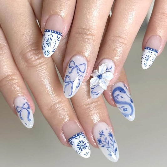 24Pcs Bohemian Style Press on Nails Almond Fake Nails Blue White French Manicure with Bow, Flower,Design Medium Snake Print False Nails Full Cover Artificial Nails Stick on Nail for Women DIY Manicure