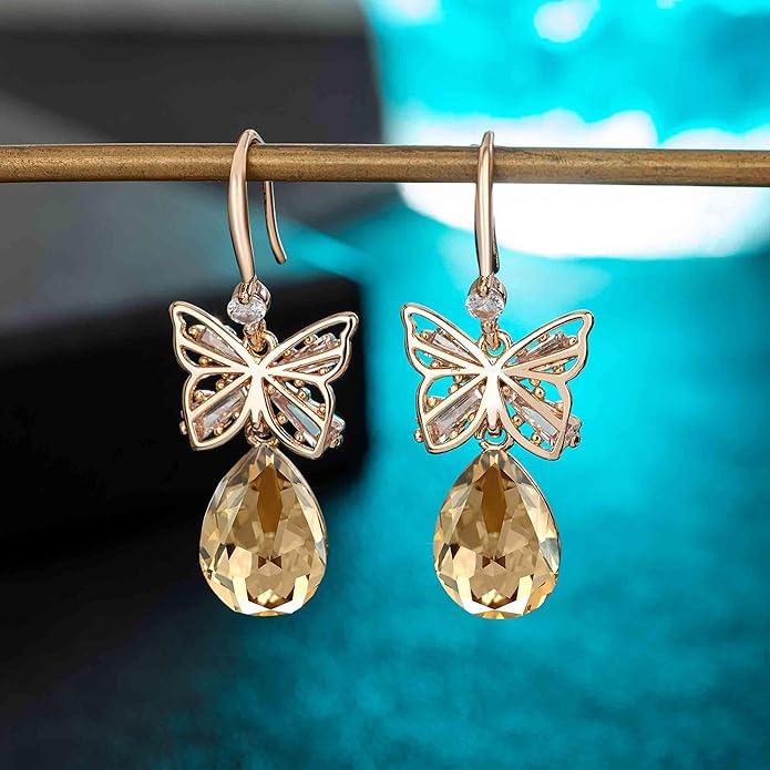 Austrian Crystal Teardrop Butterfly Drop Dangle Earrings for Women 14K Rose Gold Plated Hypoallergenic Jewelry