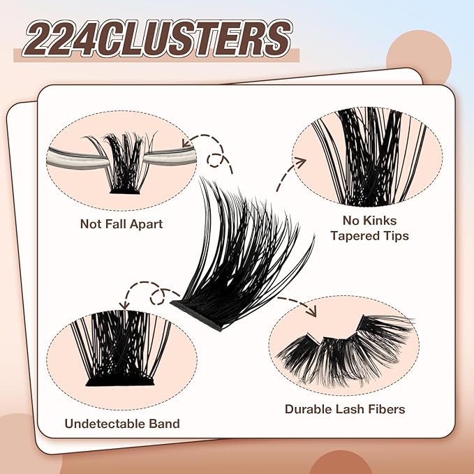 AILAISHI Lash Clusters Kit, DIY Cluster Eyelash Extensions 9‑16mm, 60D+80D+100D, 224pcs Fluffy D Curl Natural Lashes with Bond & Seal,Tweezers–Fake Cat Eye Individual Clusters
