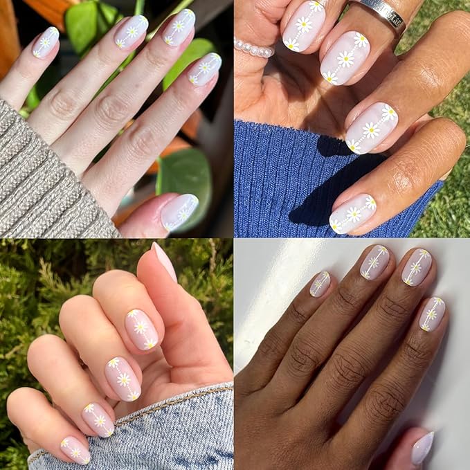 Olive & June Instant Mani Press-On Nails | (Glue) Short, Round 42 Fake Nails, 21 Sizes Non-Toxic | Long-Lasting Recycled Materials Realistic Look | Salon-Quality at Home | Daisy Chain