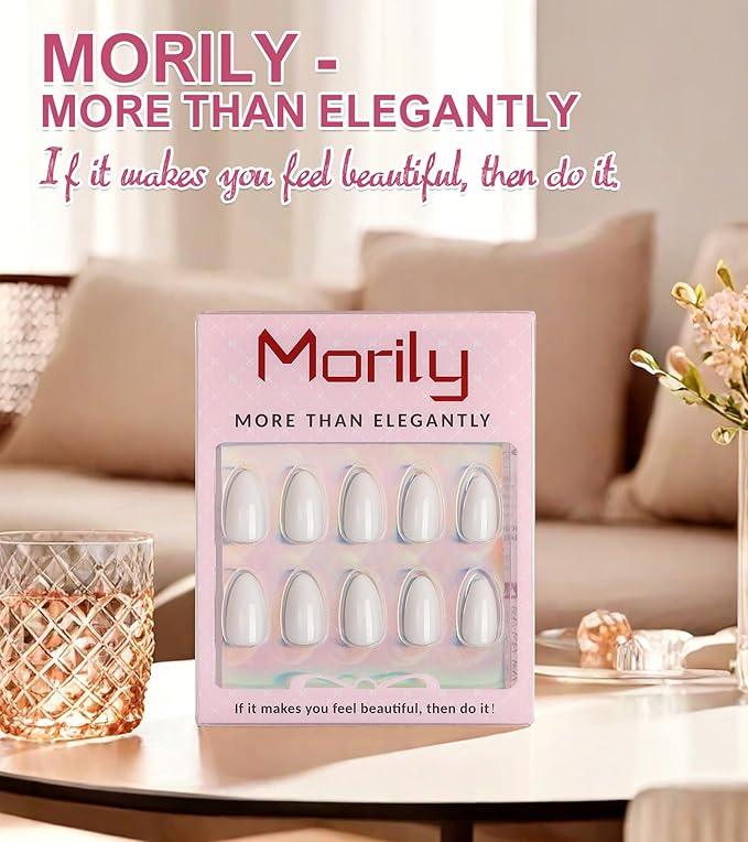 Morily 30Pcs Press on Nails Almond, Milky White Fake Nails Short Glossy Acrylic False Nails Reusable Full Cover Stick on Nails for Women, 15 Sizes, Thicker Fingertips