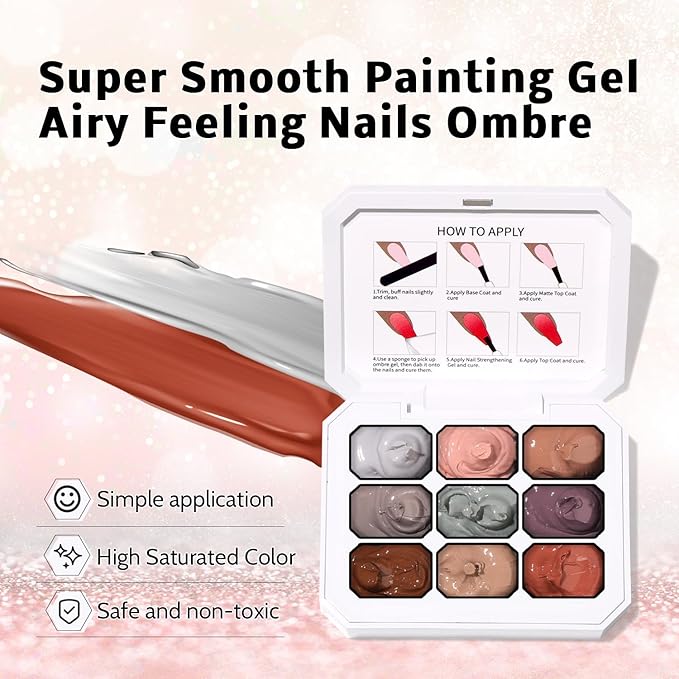 Karroy Sponge Pat Paint Nail Gel, 9 Colors Ombre Nails Gradient Gel Nail Blush Blooming Aura Nails Drawing Stripper Floral Painting Nail Art, No Wipe, UV/LED Curing (9 Colors G)