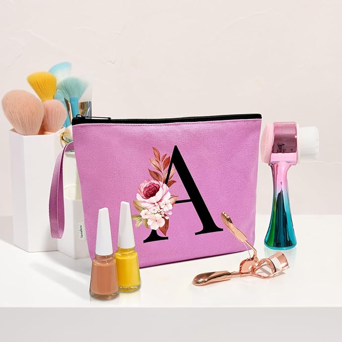 Vavabox A-Z Personalized Makeup Bag, Birthday Gifts for Women Mom, Gifts for Best Friend, Bride Bridesmaid Cosmetic bag (P, Purple)