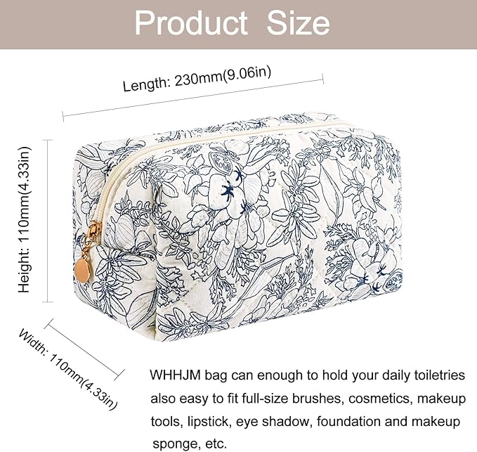 Cute Floral Makeup Bag Small Cotton Quilted Cosmetic Bag, Aesthetic Essential Bag Emergency Bag Gift for Women Girls Travel Accessories (Navy Flowers)