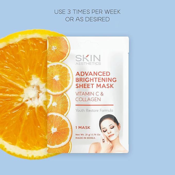 Skin Aesthetics Vitamin C & Collagen Sheet Face Mask - Reduces Wrinkles & Age Spots, Hydrating - Dermatologist Tested Korean Skincare - Clean Beauty, Cruelty-Free - 5 Masks