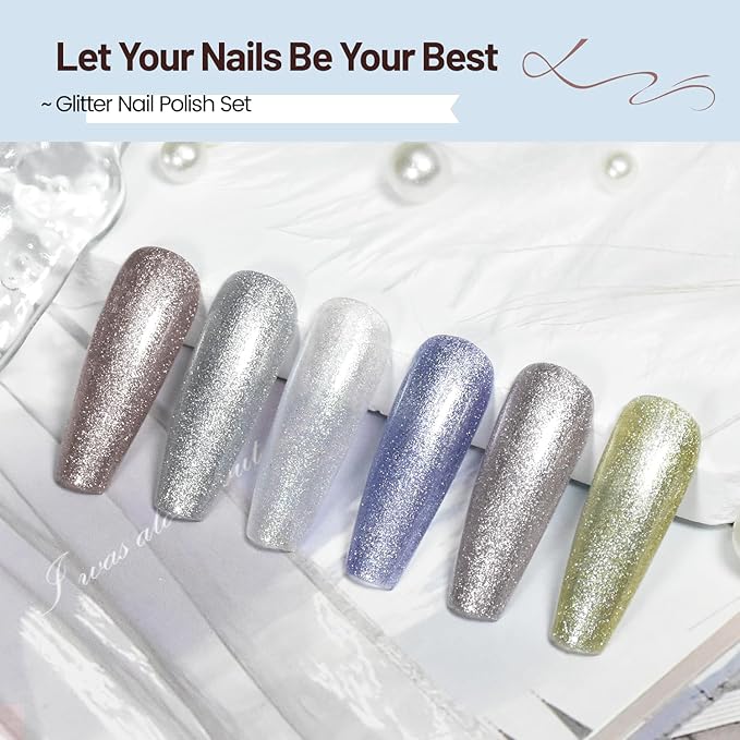 OpenLive 10ml Glitter Nail Polish Set 6 Colors Glitter Effect All Seasons Neutral Color Quick Dry Nail Polish Set for Women Salon DIY Nail Art