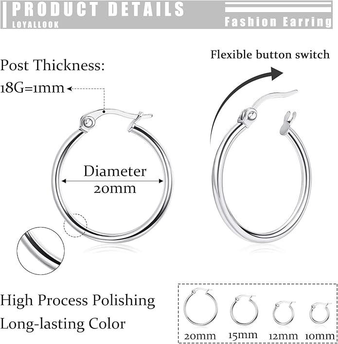 LOYALLOOK Gold Hoop Earrings Set Stainless Steel Rounded Small Hoop Earrings Set for Women Cute Huggie Earrings Nickel Free 10/12/15/20MM
