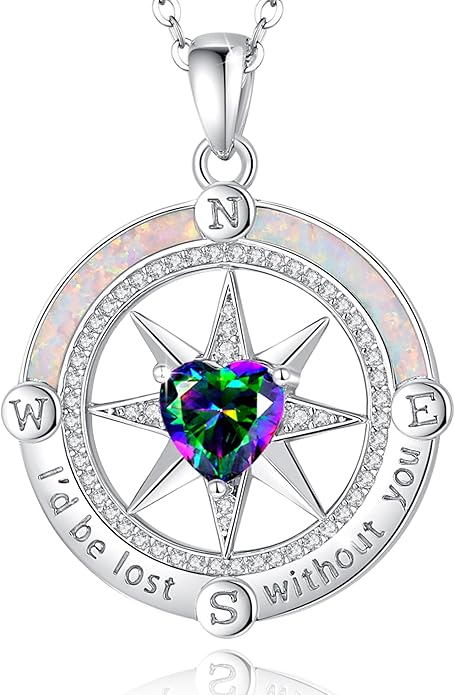 FANCIME Compass Necklace for Women Sterling Silver Compass Jewelry Opal Pendant Fine Jewelry Gemstone Birthday Christmas Gifts for Wife