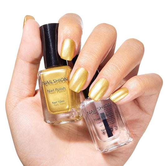 Nailshion Metallic Gold Nail Polish with Base Top Coat 3 IN 1 Nail Strengthener, Quick Dry Clear & Liquid Golden Nail Polish Duo, Opaque, Non-Gel, Professional Nails Art Kit Home Manicure DIY Gift