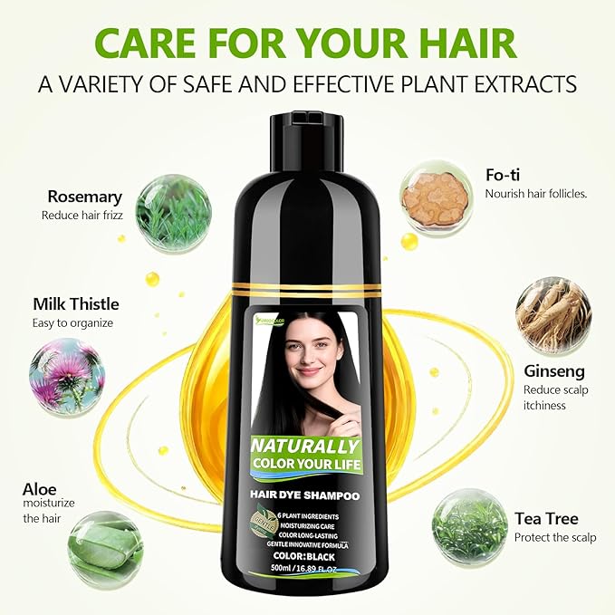 Vireo Color Black Hair Dye Shampoo for Women & Men, 15 Min Gray Coverage, 3 in 1 Semi-Permanent Color with Natural Herbal Ingredients