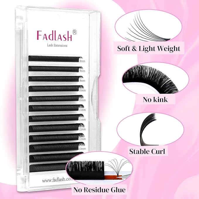 FADLASH Volume Lash Extensions 0.03-0.10mm C D CC DD L Curl 8-30mm Length Easy Fan Volume Lashes Self Fanning Eyelash Extensions 2D-20D (0.03-CC, 8-14mm Mix)