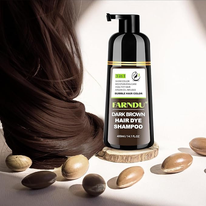 Farndu Dark Brown Hair Dye Shampoo, 3 in 1 Instant Hair Color with 15 Min Gray Coverage, Natural Semi-Permanent Herbal Shampoo for Men & Women