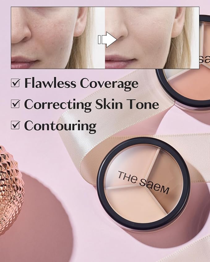 THESAEM Cover Perfection Triple Pot Concealer - 02 Contour Beige for 3D Facial Contouring - 3-Color Multi Concealer Palette with Shading & Highlighting - Korean Makeup with Sweet Almond Oil