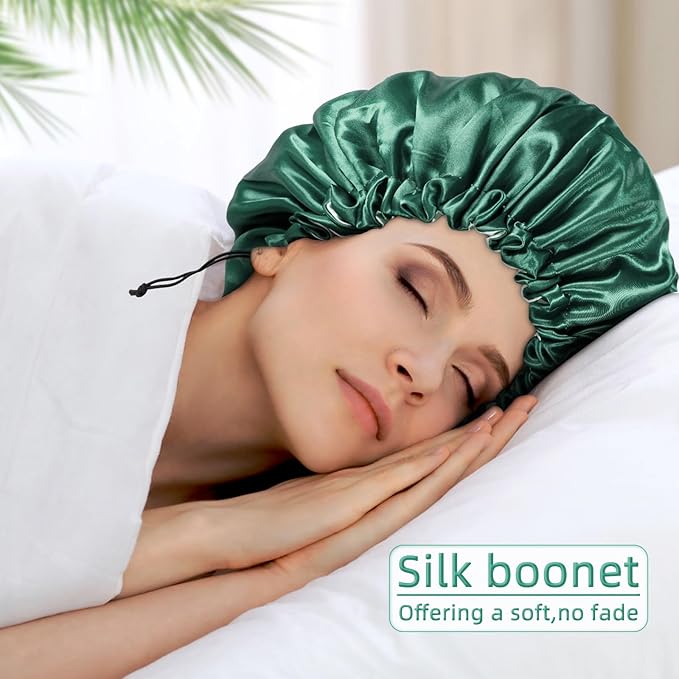 Edoneery Silk Bonnet for Sleeping Women, Ajustable Double Layer Satin Bonnet for Curly Hair(Green)