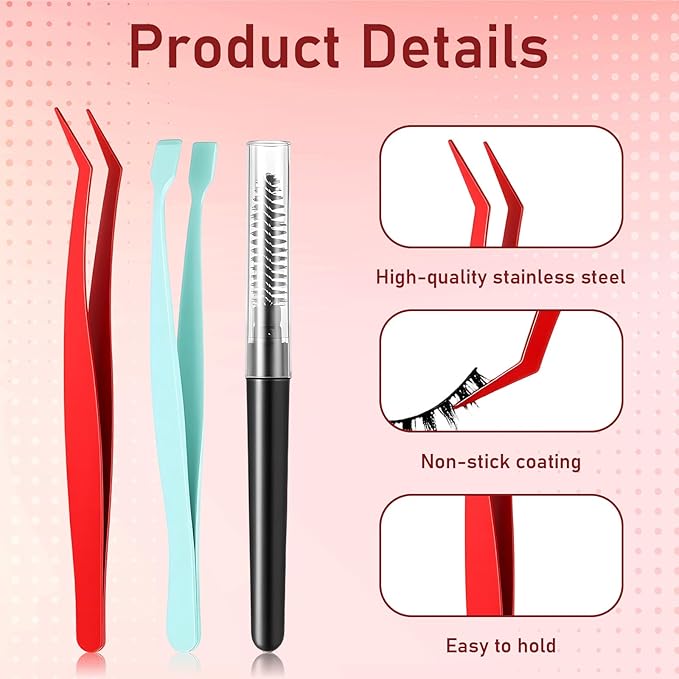 3 Pcs Stainless Steel Lash Tweezers for Eyelash Clusters Kit Eyelash Tweezers Flat Curved Tip for Lash Artists Women Eyelashes Extension Applications