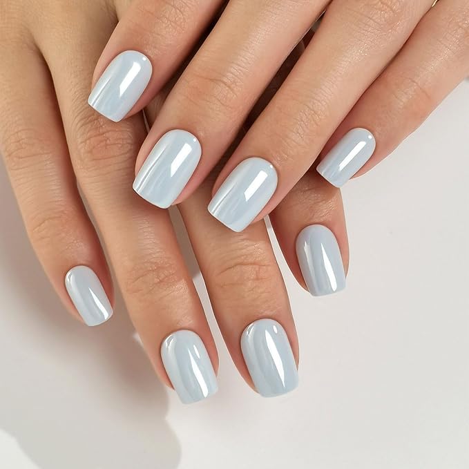 SHANGMENG Chrome Press on Nails Square - Soft Gel Blue Press on Nails Short for Women Gift, Glossy & Natural Stick on Nails with Glue in 16 Sizes - 32 Reusable Fake Nails, Aurora Light Blue