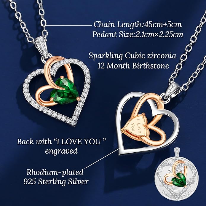 OOBEE Birthstone Necklaces for Women, 925 Sterling Silver Gemstone Fine Love Heart Moissanite Necklace, Ideal Birthday Anniversary Mothers Day Jewelry Gifts for Wife Mom Girlfriend Her