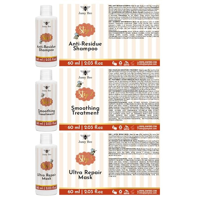 Brazilian Keratin Treatment Kit – Jumy Bee 3 Steps 2.03 fl oz | Formaldehyde-Free At Home Hair Straightening & Smoothing System |Keratina para Alisar el Pelo | Anti-Frizz Repair Mask & Shampoo