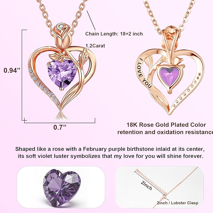 1.2CT Rose Heart Necklace Option of Moissanite or Lab-Grown Sapphire Ruby Emerald&More Necklace for Women Birthstone Girlfriend Necklace S925 Sterling Silver 18K White/Rose Gold Plated D Color VVS1 Gift for Wife Mother Daughter for Birthday Anniversary...
