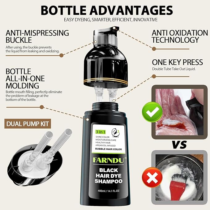 Farndu Black Hair Dye Shampoo- Gray Coverage, Herbal Natural 3 in 1 Hair Color Shampoo for Men & Women