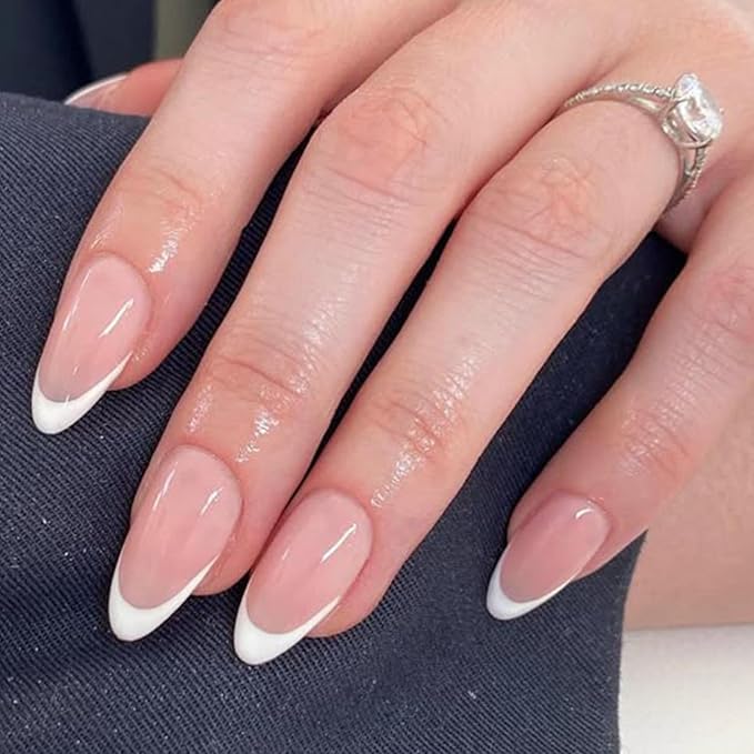 Modelones French Tip Press on Nails Almond, Valentine's Day Short Almond Fake Nails, Reusable Nail Kit with Nail Glue Adhesive Tabs Mini Nail File, Nails Press Ons 32Pcs 16 Sizes