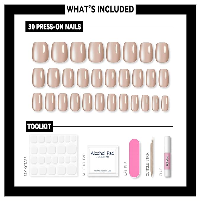 Okiyomi Nude Press on Nails - Pale Blush Nude Cat Eye Press on Nails | Magnetic Neutral Blush Shimmer - Short Ballerina Squoval Shape - 15 Sizes - 30 Soft Gel Fake Nails with Glue and Stick On Tabs