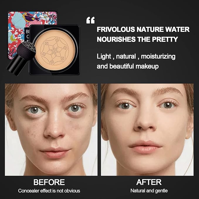NUIBO 2PCS Air Cushion CC Cream Mushroom Head, Moisturizing Concealer Makeup Base, Primer Liquid Foundation Long Lasting with Two Mushroom Makeup Sponges【2 X Ivory】