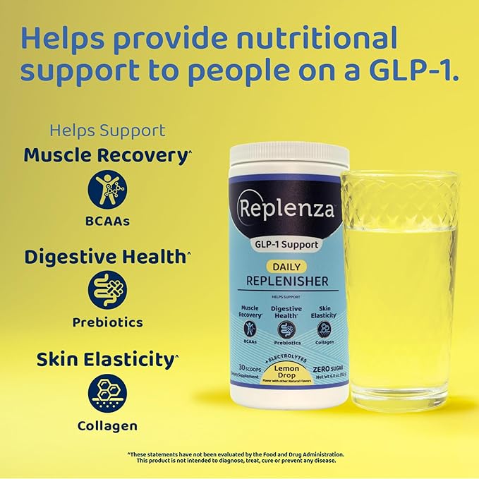 Replenza Daily Replenisher GLP-1 Nutritional Support, Powder, Muscle Recovery, Digestive Health & Skin Elasticity Mix of Amino Acids, Prebiotics and Collagen Peptides – Lemon Flavored, 30 Scoops