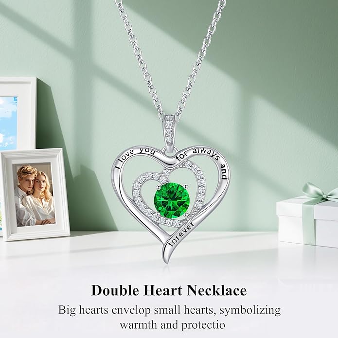 S925 Sterling Silver Necklace for Women, Valentines Day Gifts for Her, Love Heart Birthstone Necklaces for Women, Wife Jewelry, Mom Birthday Valentines Mothers Day Gifts, Girlfriend Necklaces, Daughter Heart Jewel, Anniversary for Her