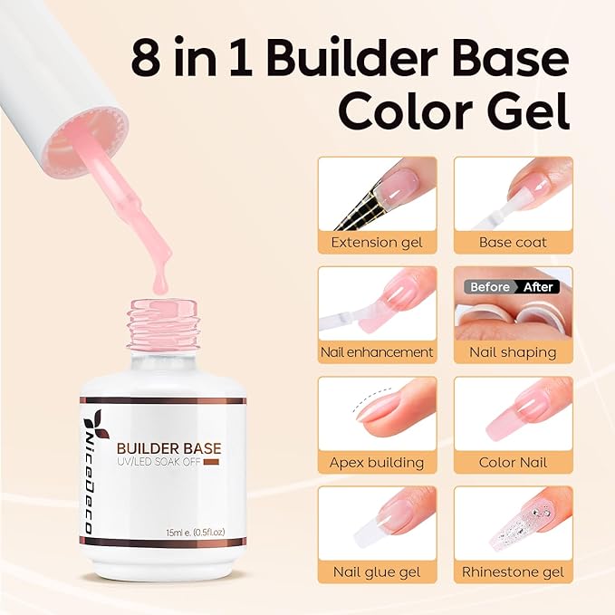 Nicedeco Hema Free Builder Nail Gel Polish 15ML - Cruelty Free Vegan 8 in 1 Builder Gel Strengthener Extension