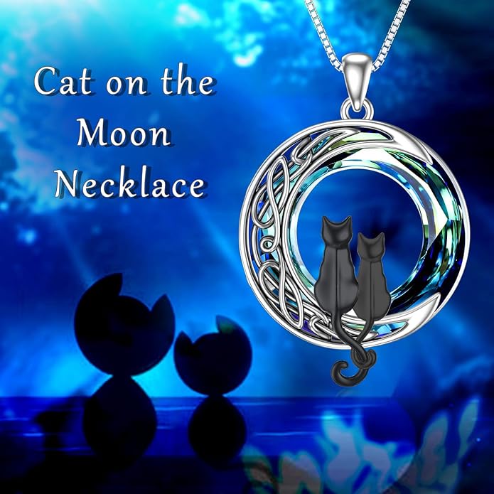 TOUPOP Cat Gifts for Cat Lovers One Two Three Four Cats Necklace Sterling Silver Cats on the Moon Pendant Necklace with Blue Circle Crystal Birthday Christmas Celtic Jewelry Gifts for Women