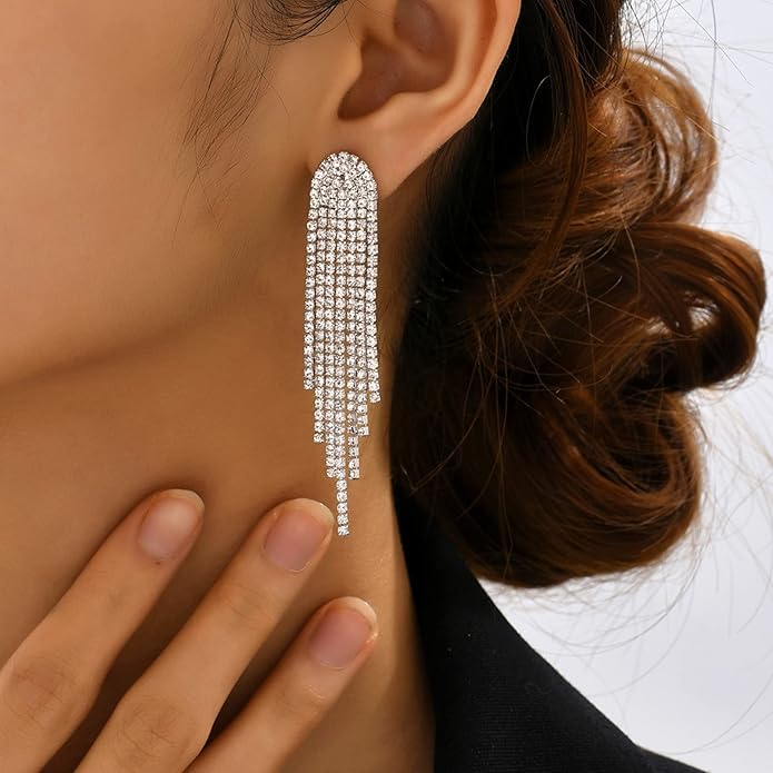 HERIER Rhinestone Earrings Dangling for Women Chandelier Statement Tassel Earrings Girls Silver Sparkly Drop Cubic Zirconia Crystal Earrings Long Dangle Costume Jewelry
