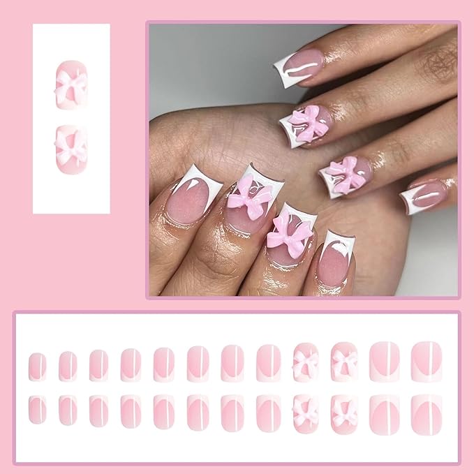 White French Tip Press on Nails Short - Square Fake Nails with Pink Bow Design - Cute Full Cover Stick on False Nails for Women 24 Pcs